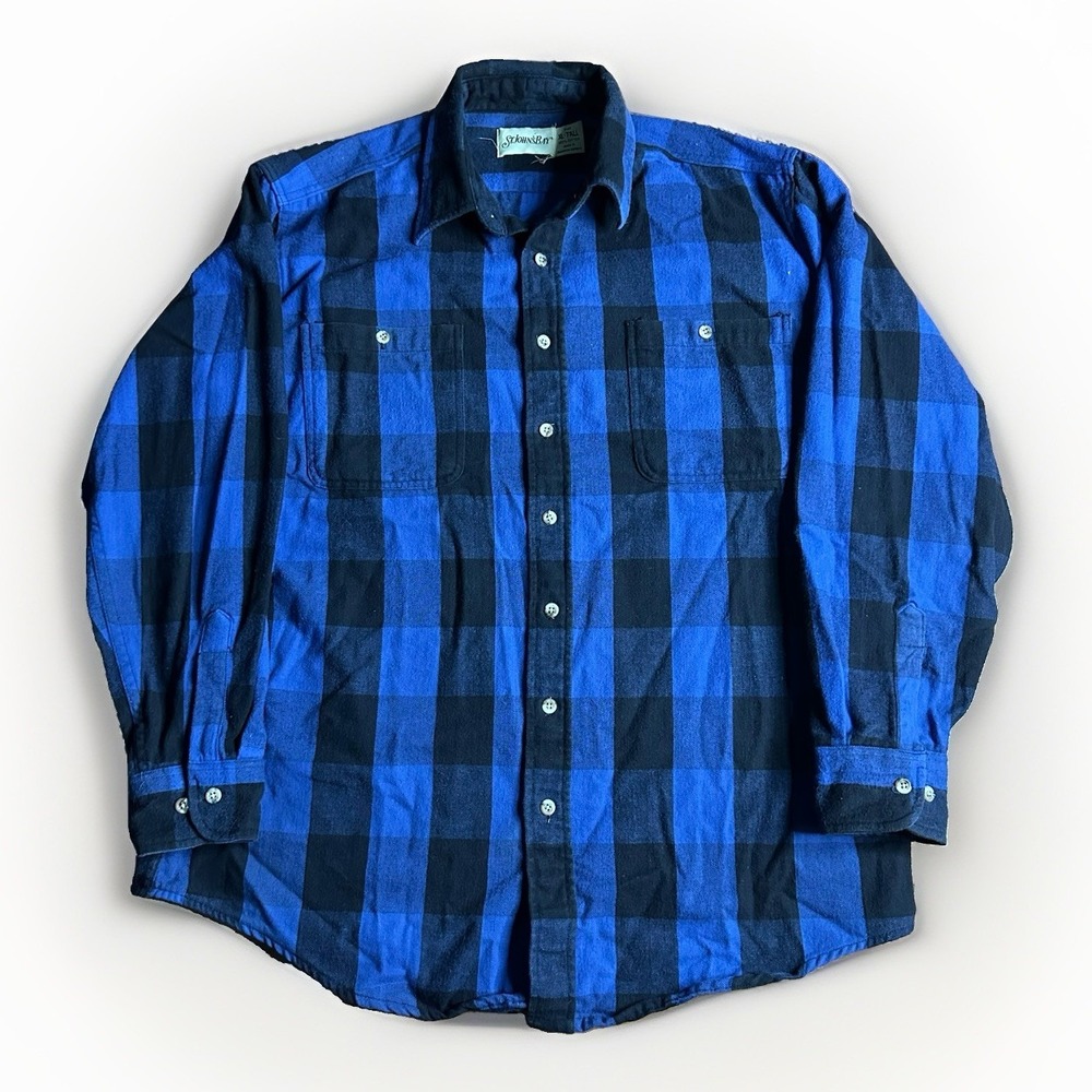 Vintage 90s St Johns Bay Flannel Shirt Mens XL Tall Blue Buffalo Plaid Outdoor